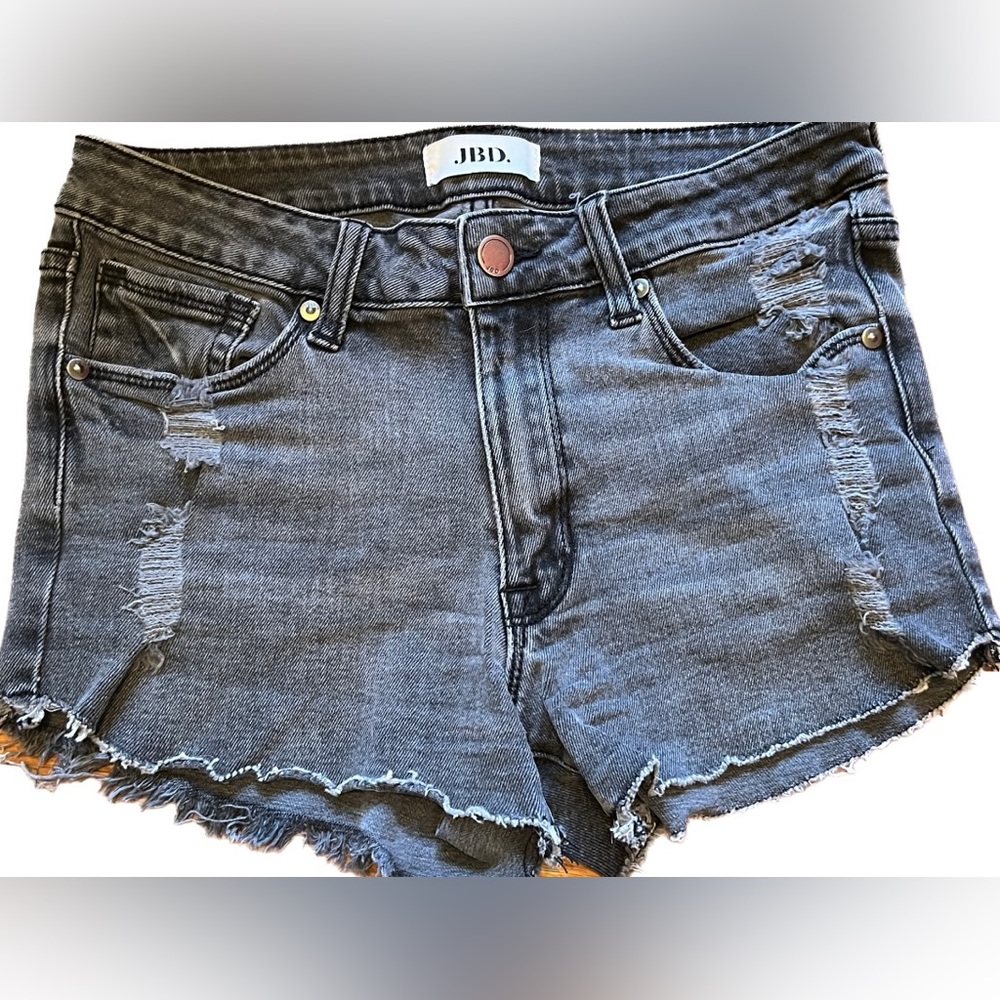 Just Black Denim Distressed Raw Hem Black Denim Shorts